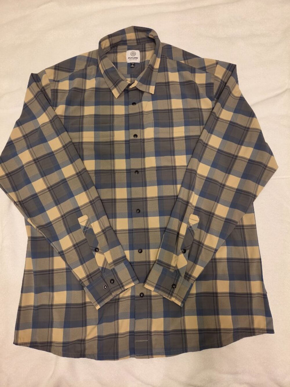 Flylow Anderson Shirt Mens XXL Blue & Beige/Dune Plaid Long Sleeve Snap Button